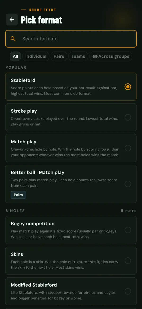 thecomp's format picker with Stableford selected, alongside strokeplay, match play and better ball from 27 golf formats.